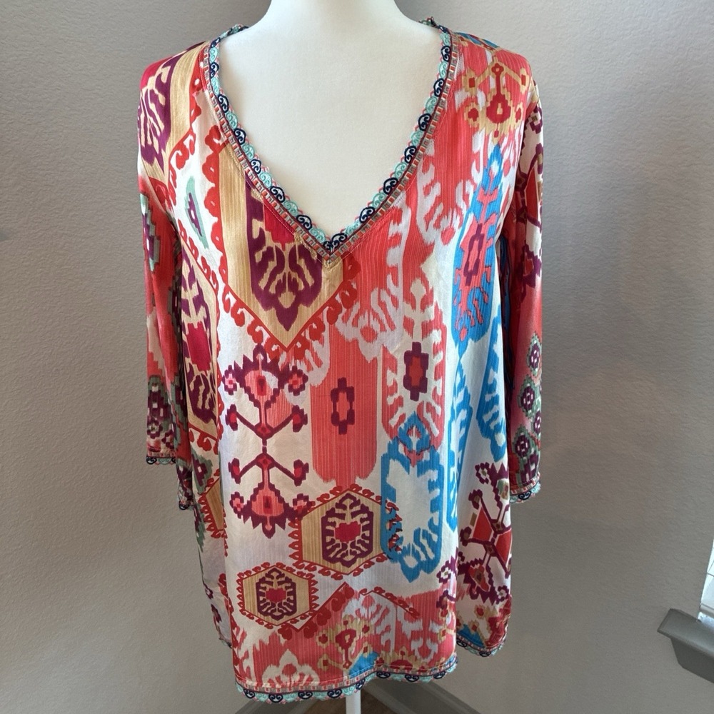 Johnny Was 100% Silk‎ Tunic Top V-Neck Short Sleeve Medium Boho Embroidered